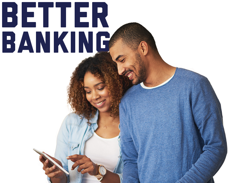 Better Banking title with man and woman holding a tablet in the foreground.
